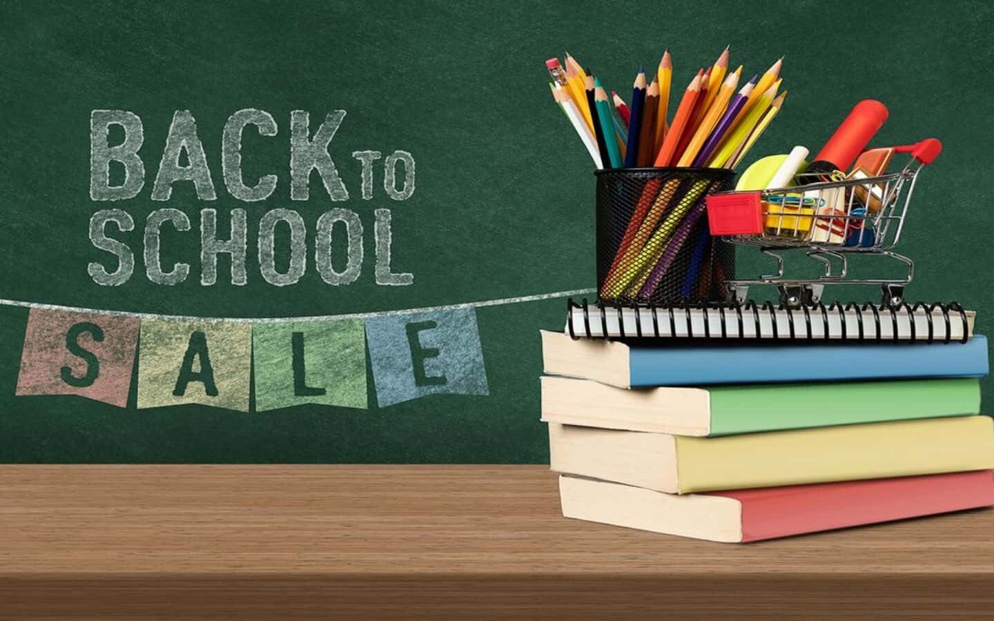 Top hình nền PowerPoint Back to School đẹp nhất 2026 15 Slide khuyến mãi Back to School với giỏ hàng và sách