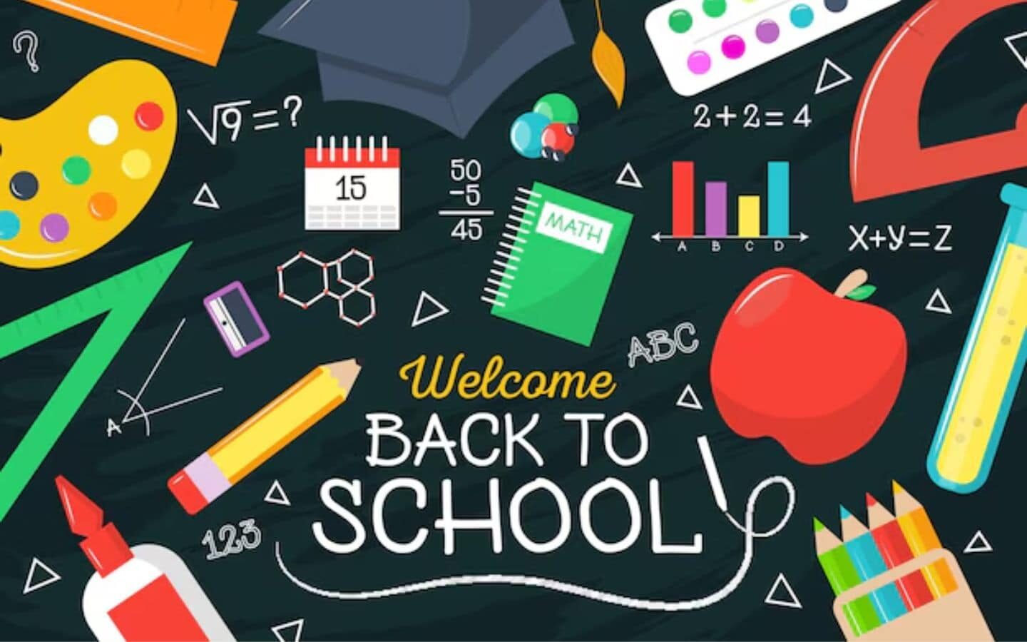Top hình nền PowerPoint Back to School đẹp nhất 2026 19 Slide học tập với biểu tượng bảng đen và táo đỏ