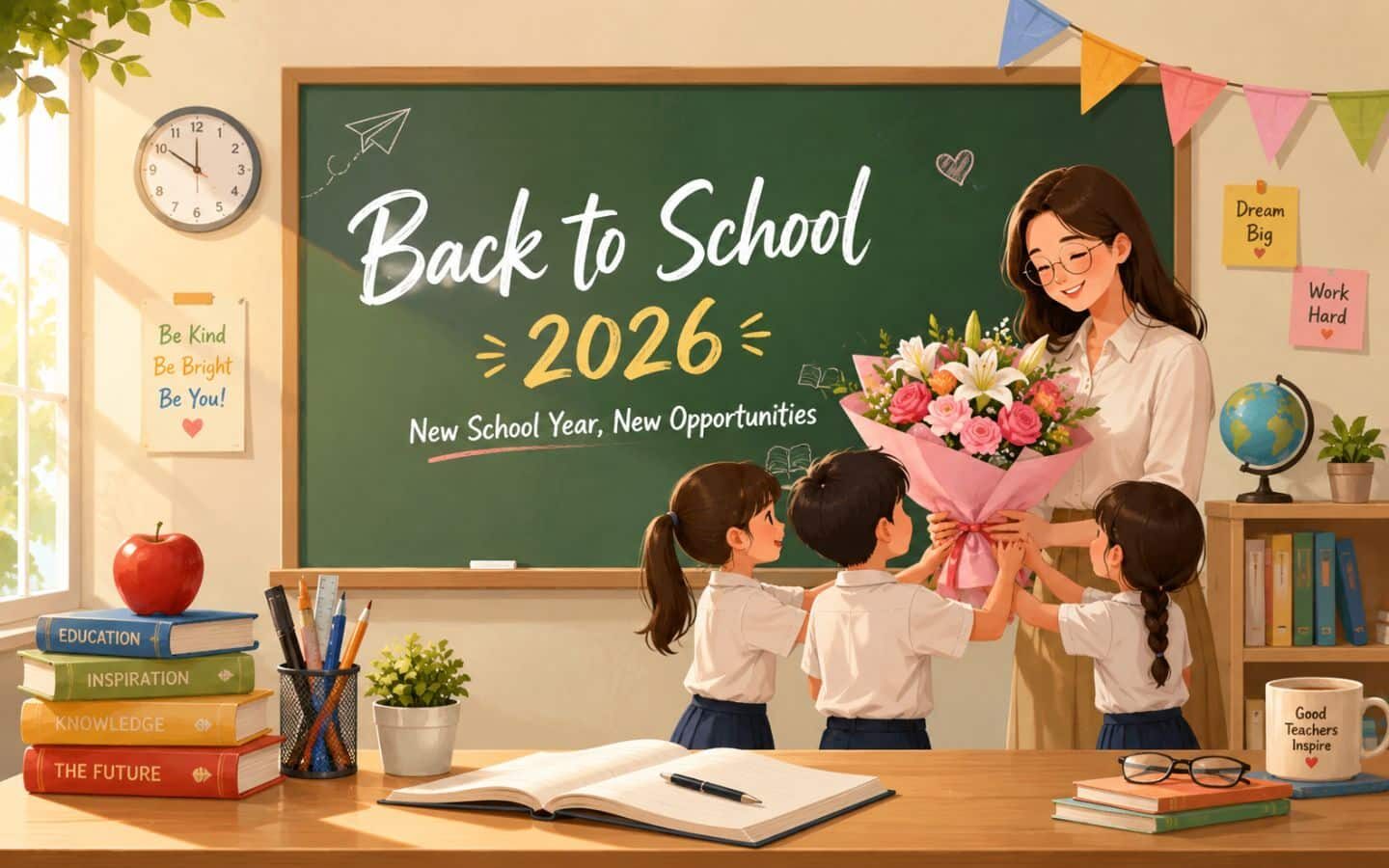 Top hình nền PowerPoint Back to School đẹp nhất 2026 21 Học sinh tặng hoa chúc mừng cô giáo ngày tựu trường