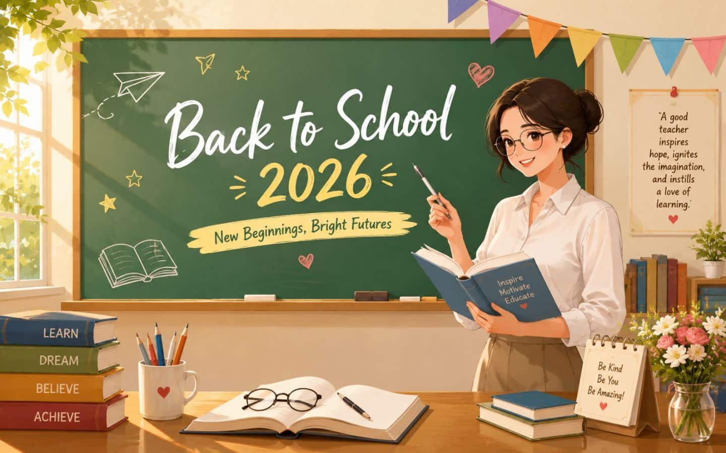 Top hình nền PowerPoint Back to School đẹp nhất 2026 25 Cô giáo dịu dàng bên bục giảng mùa khai trường