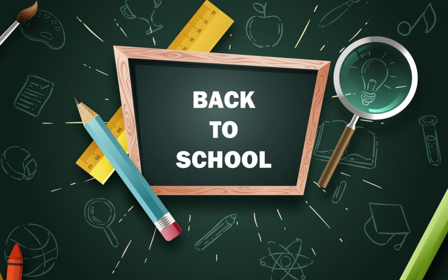 Top hình nền PowerPoint Back to School đẹp nhất 2026 33 Bảng đen tinh tế cùng kính lúp và bút chì