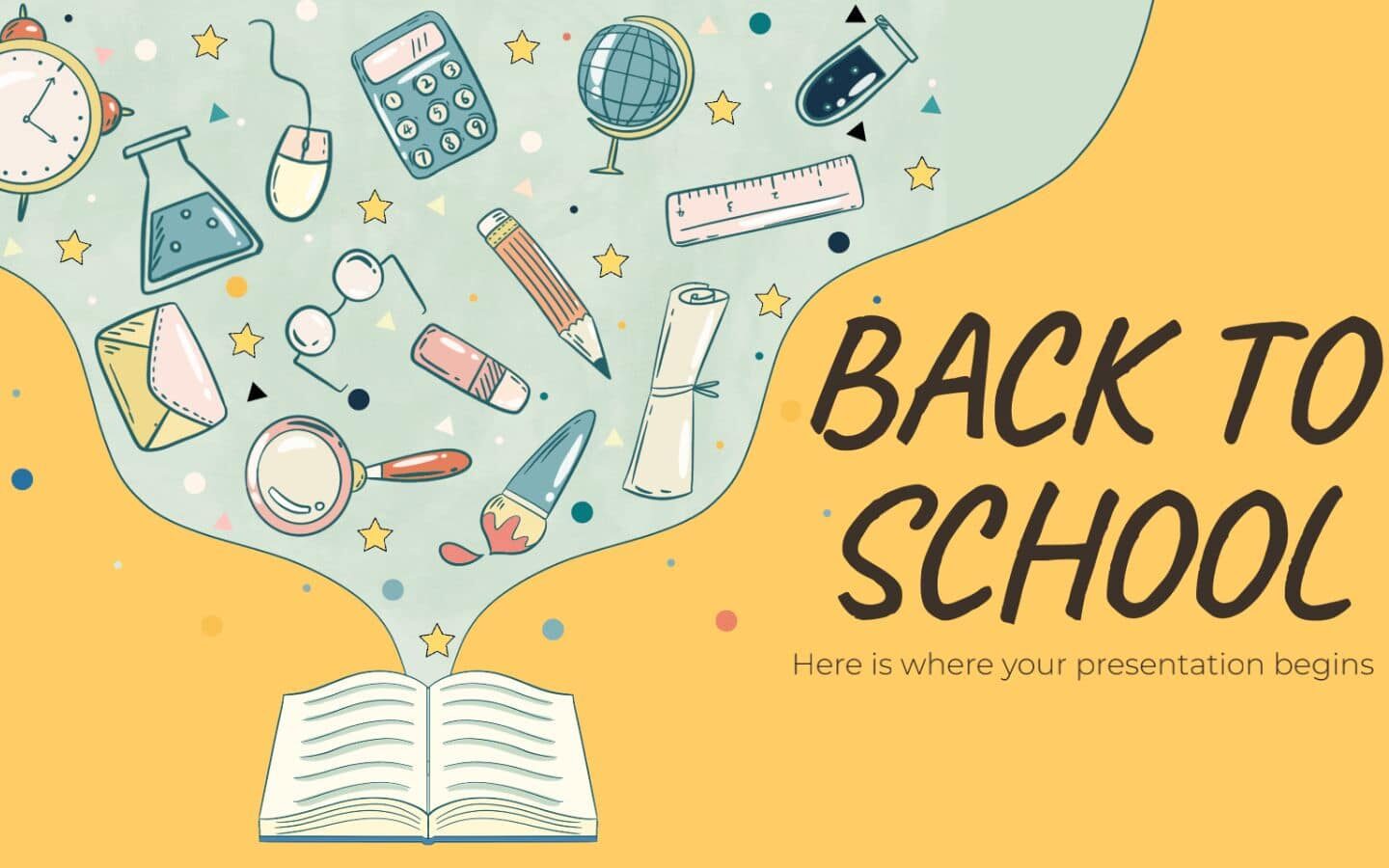 Top hình nền PowerPoint Back to School đẹp nhất 2026 37 Trang sách mở với các hình vẽ ngộ nghĩnh
