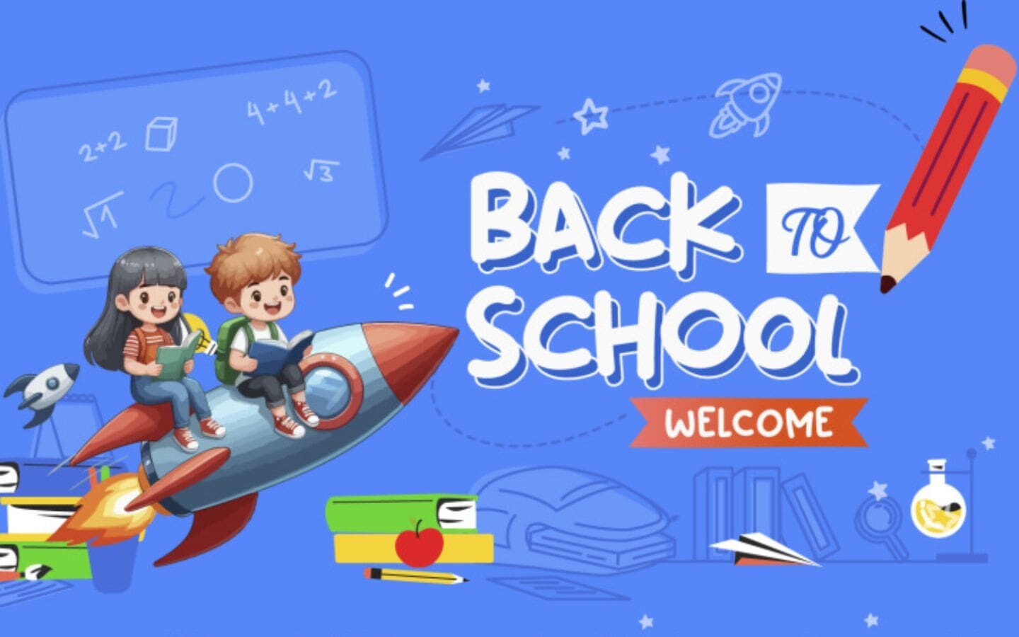 Top hình nền PowerPoint Back to School đẹp nhất 2026 39 Các bé cưỡi tên lửa chào năm học mới