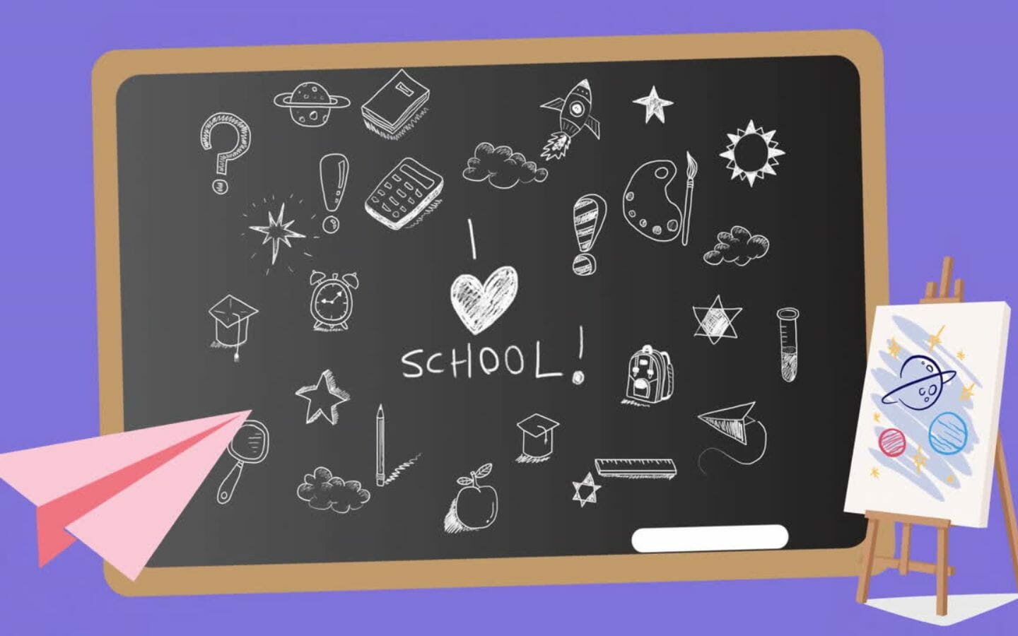 Top hình nền PowerPoint Back to School đẹp nhất 2026 5 Bảng đen vẽ tay cùng máy bay giấy nhỏ
