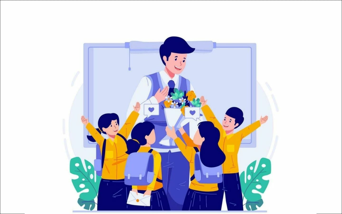 Top mẫu logo Back to School nổi bật cho mùa tựu trường 2026 18 Học sinh vui vẻ quây quần bên thầy giáo