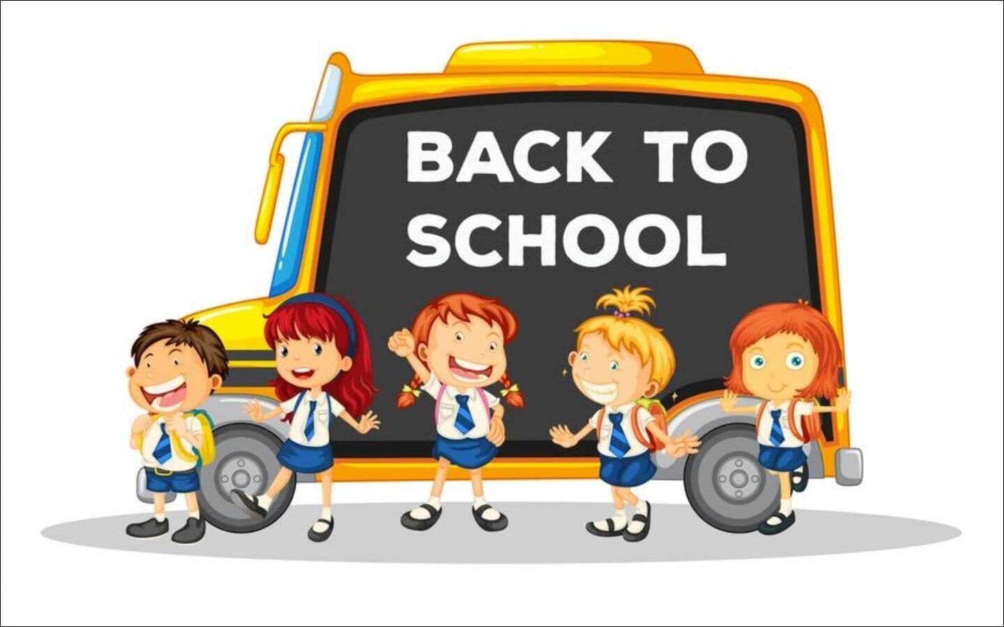 Top mẫu logo Back to School nổi bật cho mùa tựu trường 2026 22 Các bạn nhỏ nô đùa quanh chiếc xe buýt đến mùa tựu trường