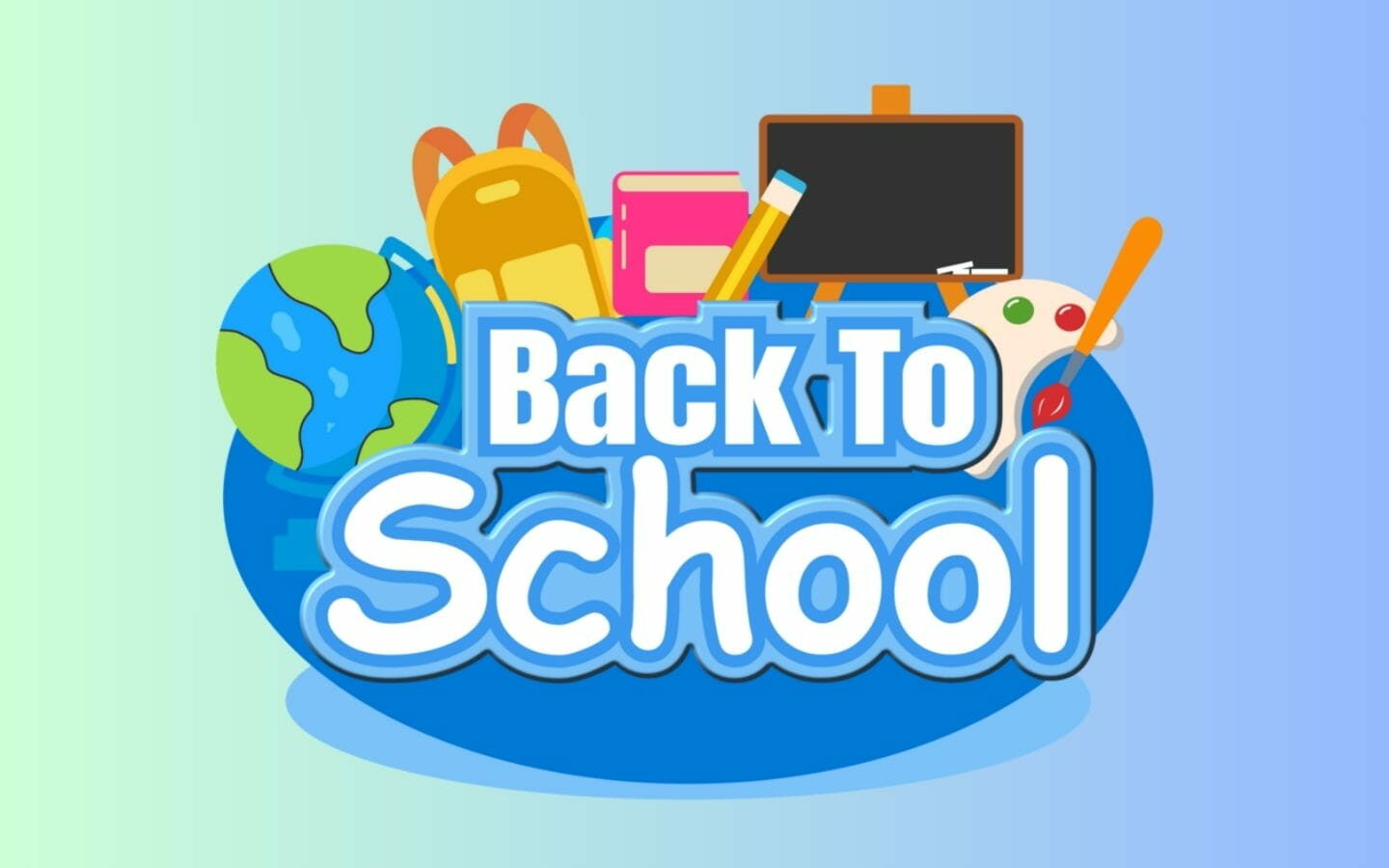 Top mẫu logo Back to School nổi bật cho mùa tựu trường 2026 30 Biểu tượng quả địa cầu và sách vở trên nền xanh