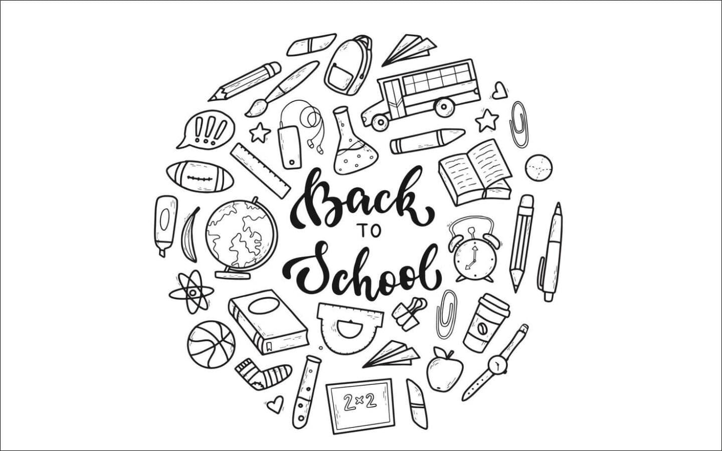 Top mẫu logo Back to School nổi bật cho mùa tựu trường 2026 6 Vô số dụng cụ học tập bao quanh dòng chữ lớn