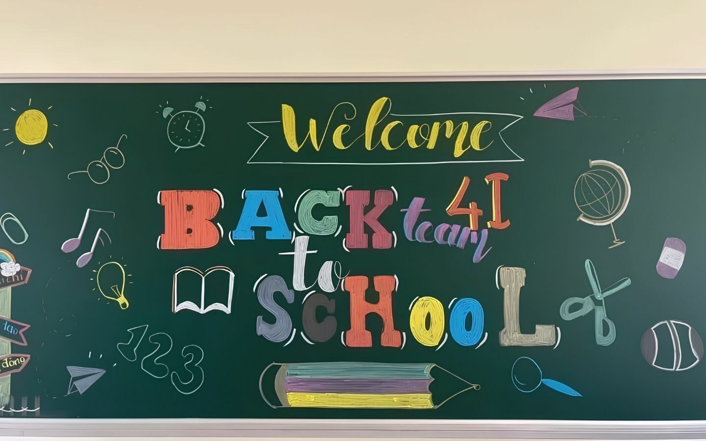 Top 10+ mẫu trang trí bảng Back To School nổi bật 2026 9 Không gian bảng lớp rực rỡ trong ngày khai giảng với tông màu đỏ, vàng đầy năng lượng