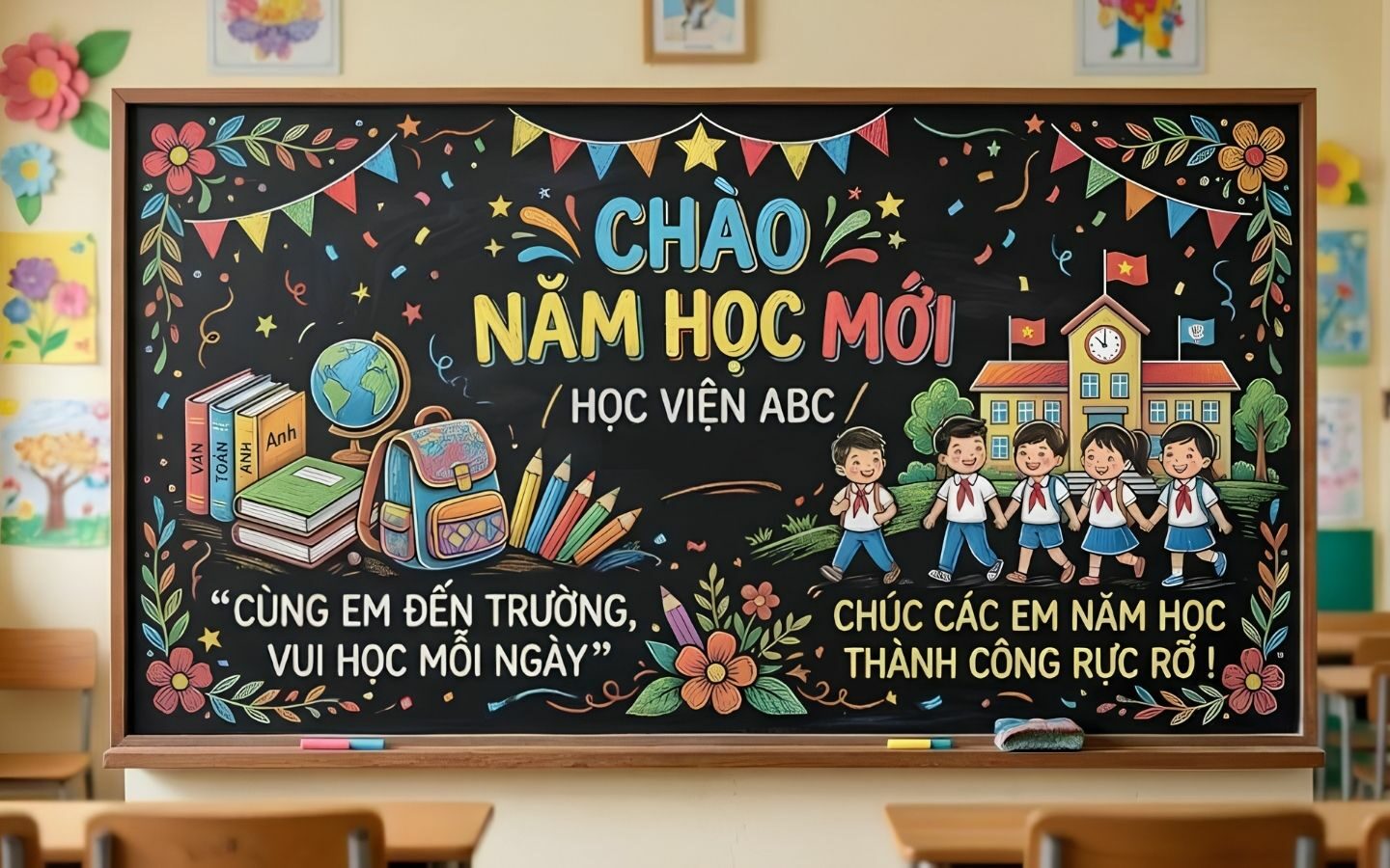 Top 10+ mẫu trang trí bảng Back To School nổi bật 2026 18 Trang trí bảng bằng hình ảnh lớp học thân thuộc cùng sách vở và bảng đen