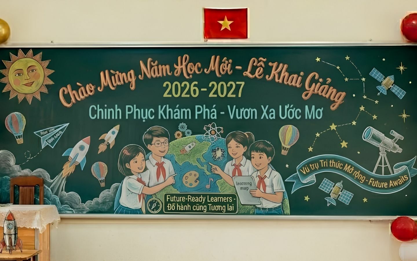 Top 10+ mẫu trang trí bảng Back To School nổi bật 2026 21 Thiết kế bảng trường học sử dụng chữ nghệ thuật nổi bật ở trung tâm