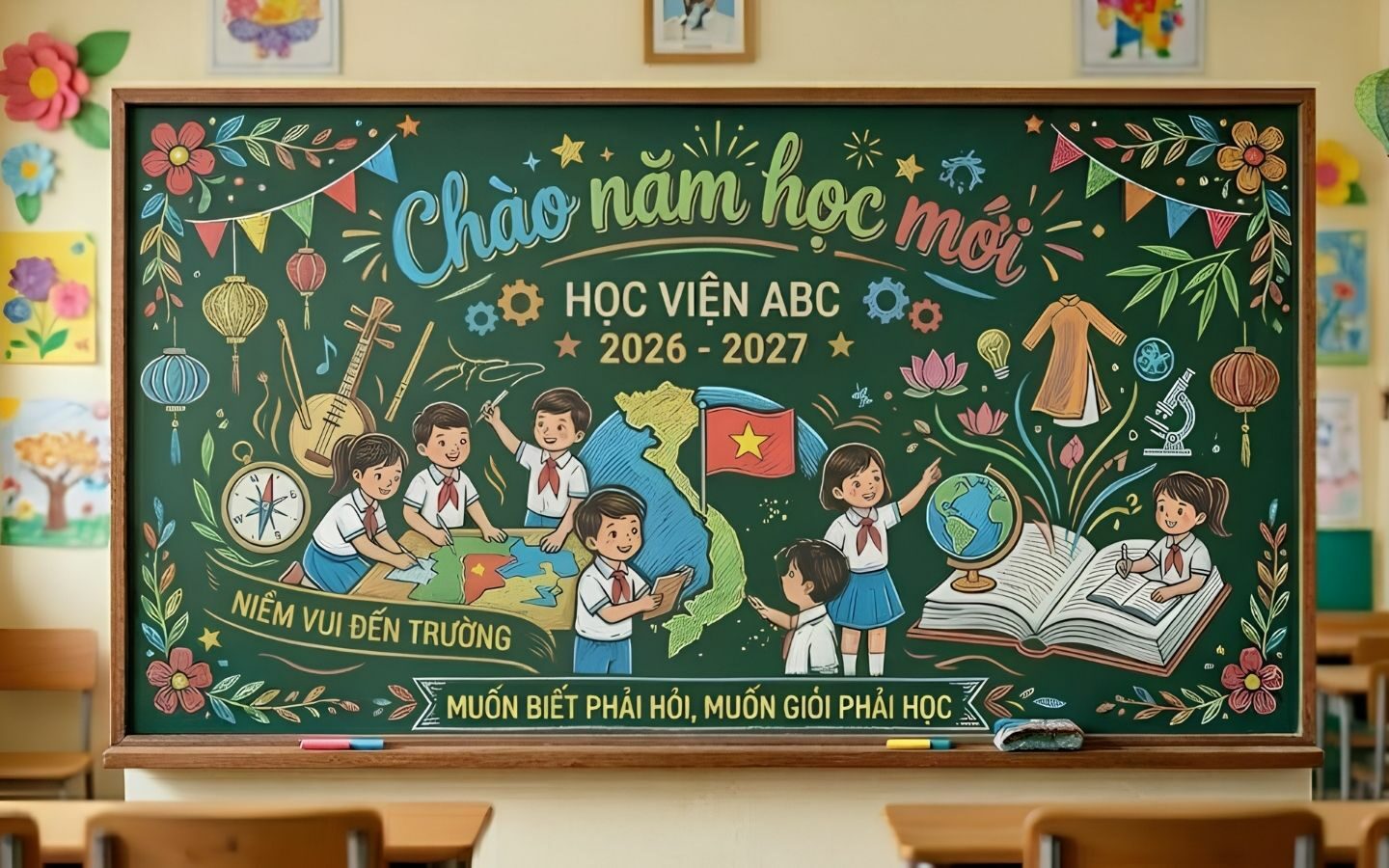 Top 10+ mẫu trang trí bảng Back To School nổi bật 2026 23 Mẫu bảng chủ đề trường học với gam màu xanh tươi mát, gần gũi