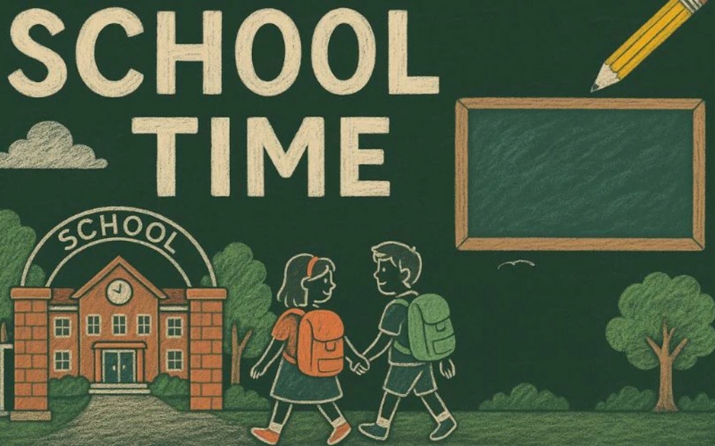 Top 10+ mẫu trang trí bảng Back To School nổi bật 2026 13 Mẫu bảng với hình ảnh học sinh tung tăng đến lớp trong ngày khai trường