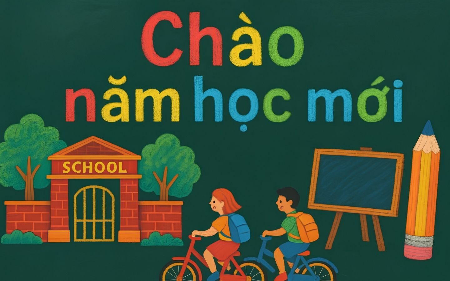 Top 10+ mẫu trang trí bảng Back To School nổi bật 2026 14 Mẫu bảng với hình ảnh ngôi trường nhỏ dưới bầu trời xanh trong