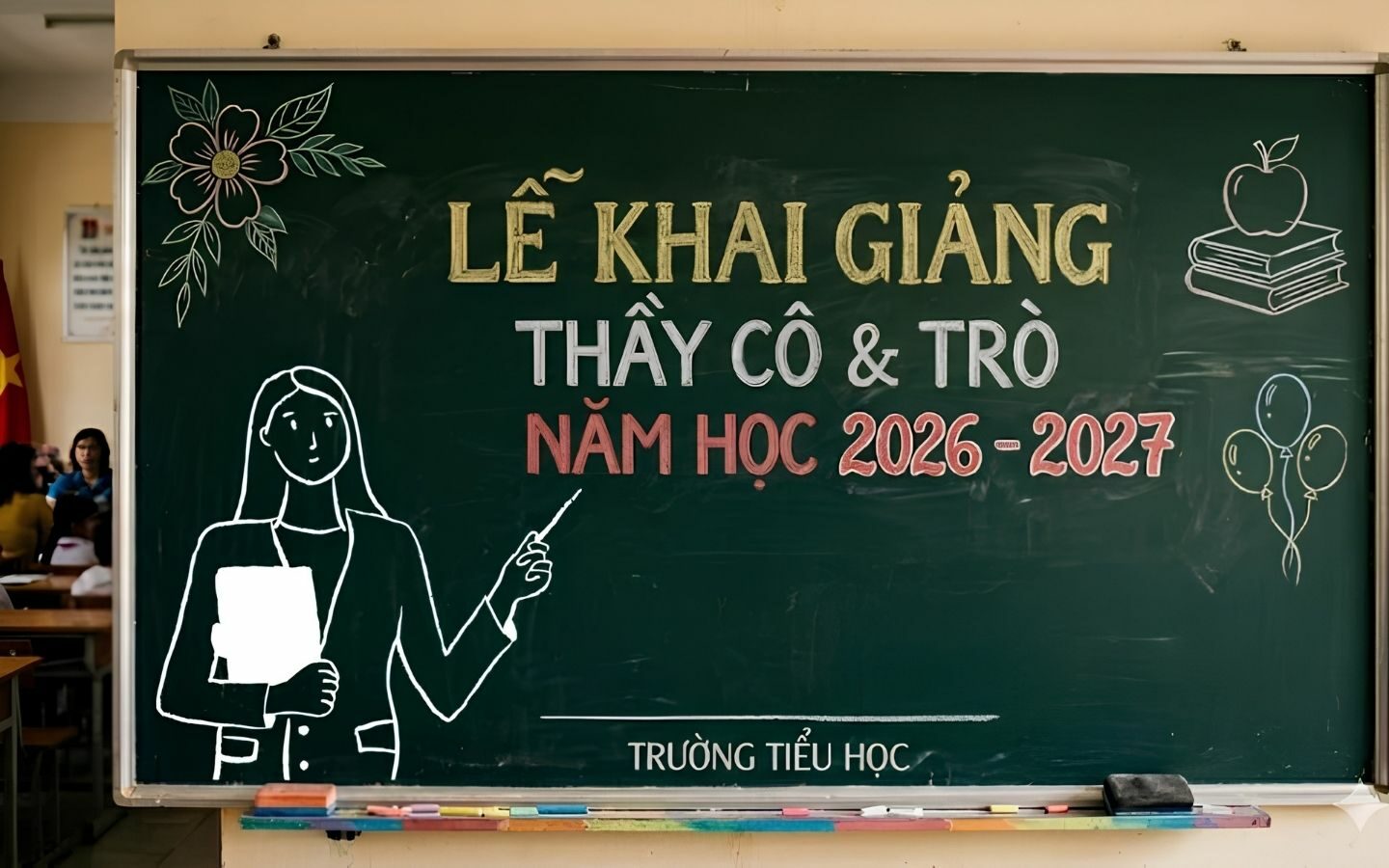 Top 10+ mẫu trang trí bảng Back To School nổi bật 2026 32 Thiết kế bảng sử dụng tông màu nhẹ nhàng, tạo cảm giác ấm áp
