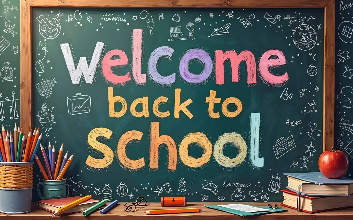 Top 10+ mẫu trang trí bảng Back To School nổi bật 2026 11 Không gian bảng đen nổi bật với chủ đề "Welcome Back To School"