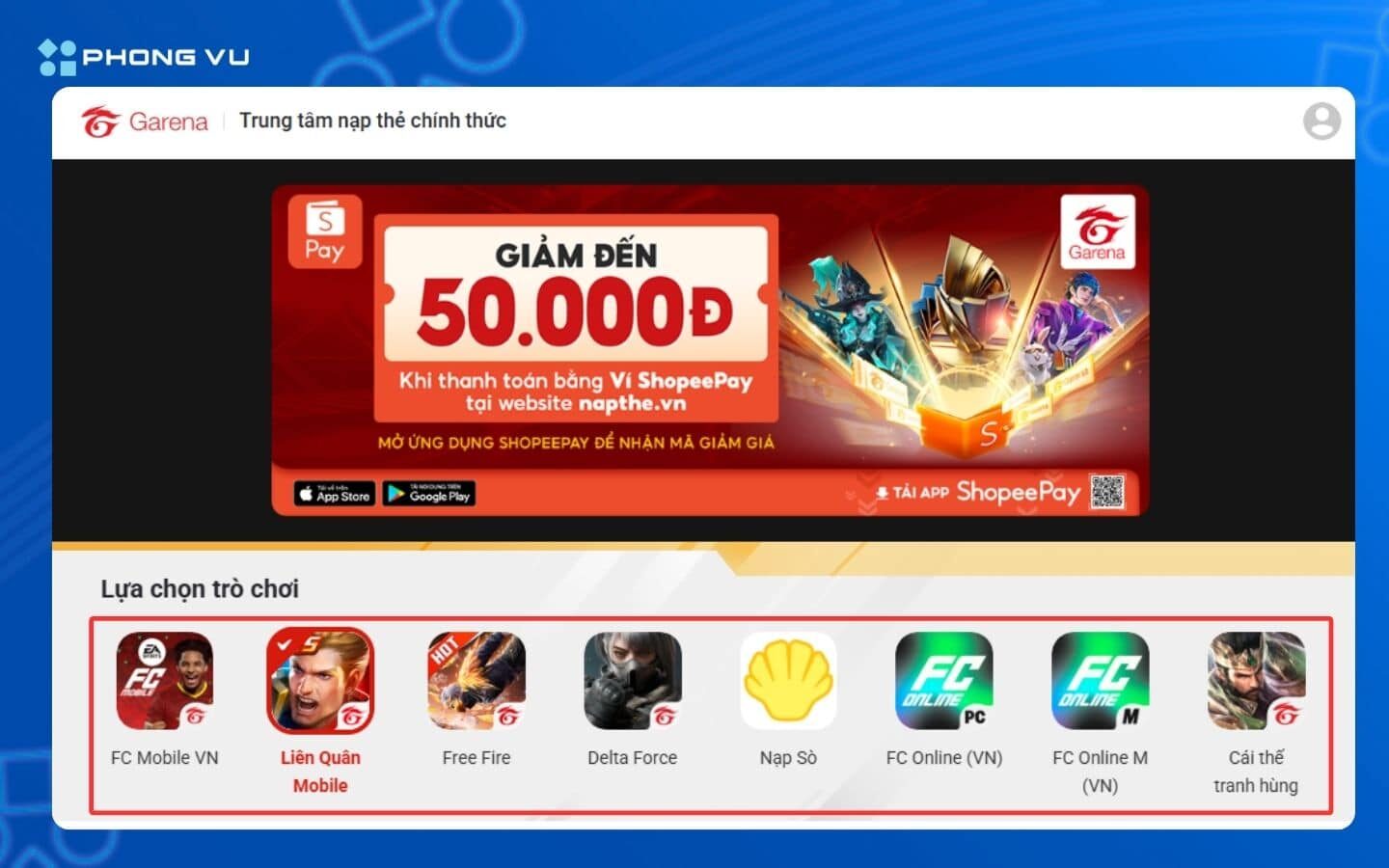 Nạp thẻ Garena: Hướng dẫn các cách nạp nhanh, an toàn và mới nhất 2 Chọn tựa game bạn muốn nạp trên giao diện trang chủ