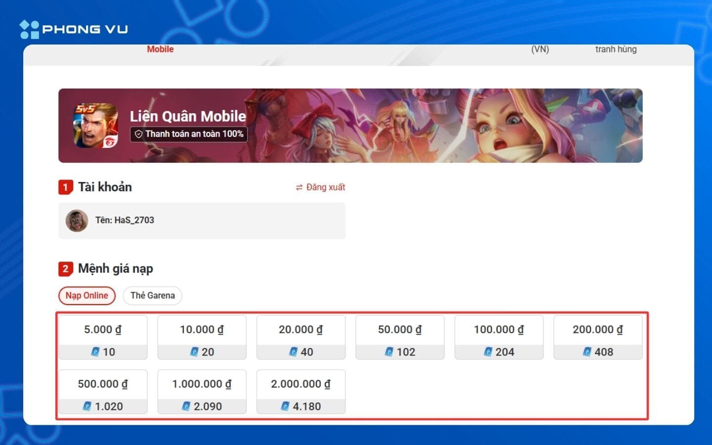 Nạp thẻ Garena: Hướng dẫn các cách nạp nhanh, an toàn và mới nhất 4 Lựa chọn mệnh giá nạp phù hợp nạp thẻ Garena
