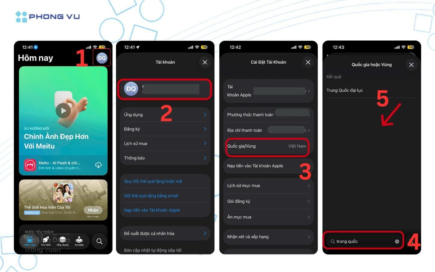 Cách chuyển vùng App Store trên iPhone, iPad nhanh chóng 9 Mở tài khoản Apple ID trong App Store rồi chuyển Quốc gia/Vùng về sang Trung Quốc đại lục