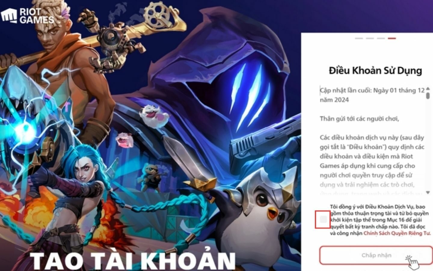 Đồng ý điều khoản sử dụng để tham gia máy chủ TFT PBE 