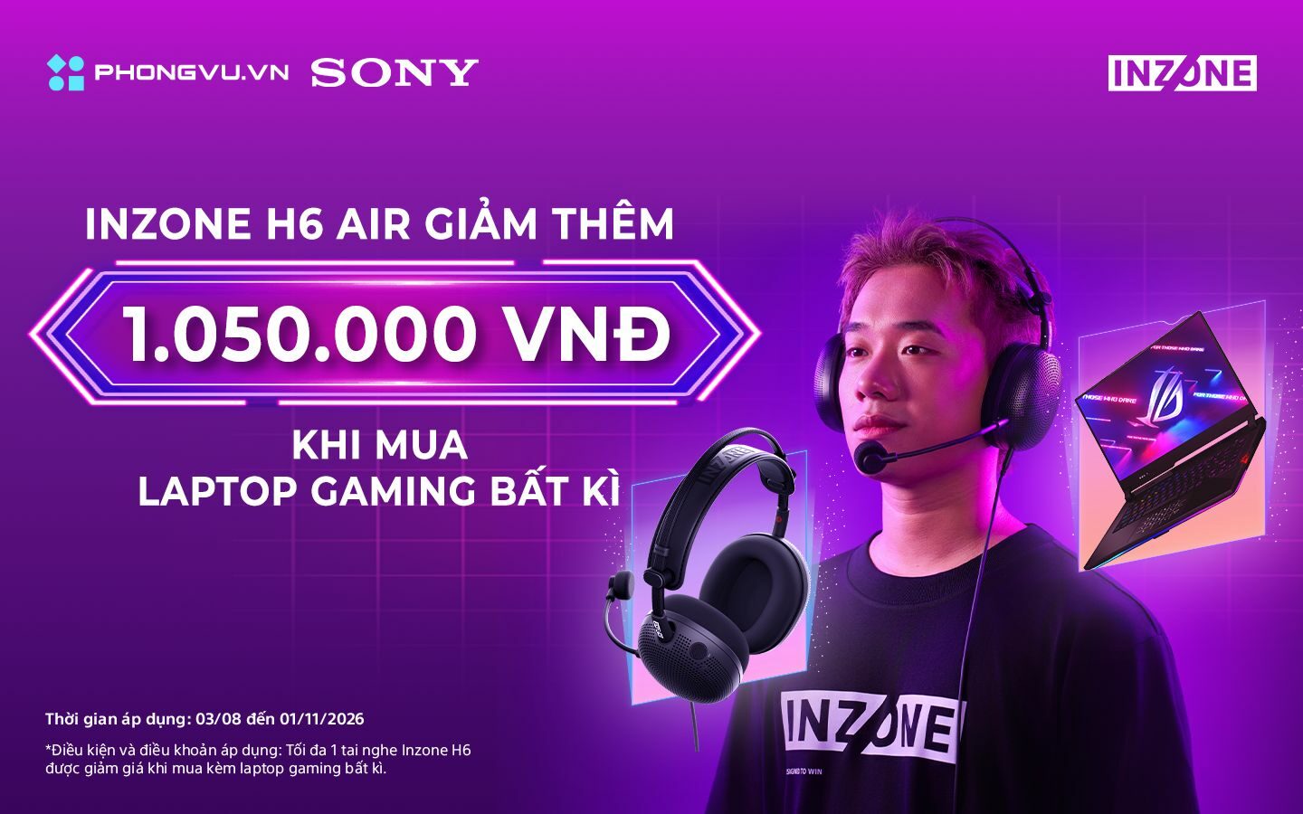 Khi mua laptop gaming kèm Sony Inzone H6 Air tại Phong Vũ, bạn sẽ được giảm ngay 1,05 triệu đồng