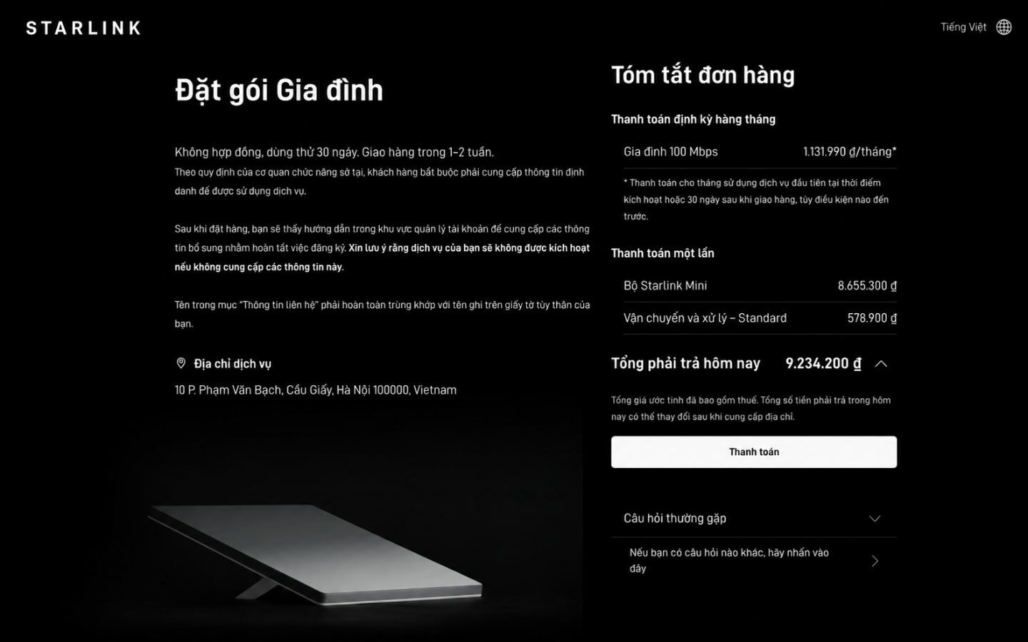 Starlink chính thức mở bán Internet vệ tinh tại Việt Nam, giá từ 1,13 triệu đồng/tháng 2 Website đặt hàng Starlink, sáng 13/8 (Nguồn: VnExpress)