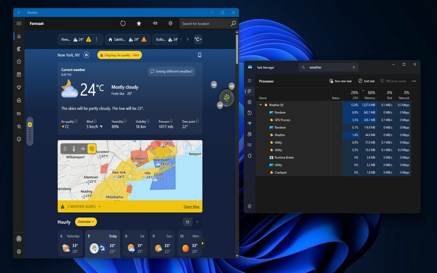 Windows 11: ứng dụng thời tiết ngốn tới 1,6GB RAM, đi ngược lời hứa tối ưu 8GB của Microsoft 2 Ứng dụng Thời Tiết (Weather) tích hợp sẵn trong Windows 11 đang chiếm dụng RAM gần 20% (Nguồn: Internet)