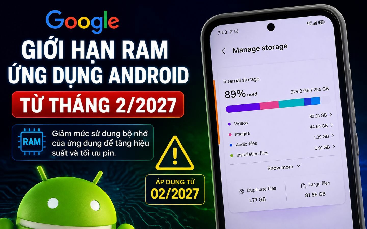Google giới hạn RAM ứng dụng Android từ tháng 2/2027 1 Google giới hạn RAM ứng dụng Android từ năm tháng 2/2027