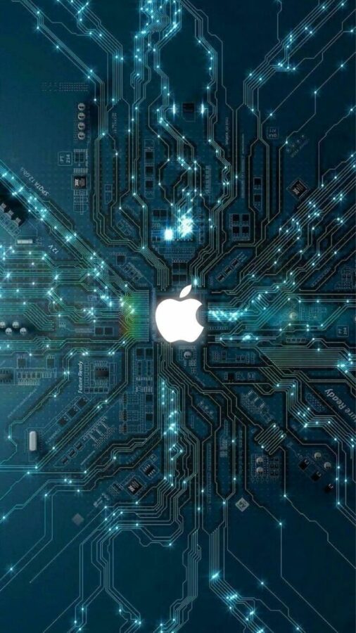 Biểu tượng Apple nổi bật giữa những đường mạch xanh phát sáng