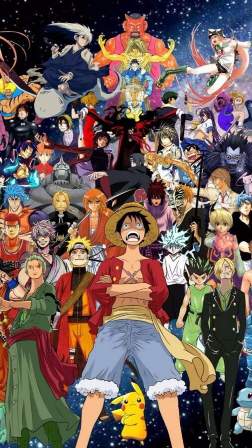 Hình nền quy tụ nhiều nhân vật quen thuộc trong One Piece, nổi bật với Luffy ở phía trước