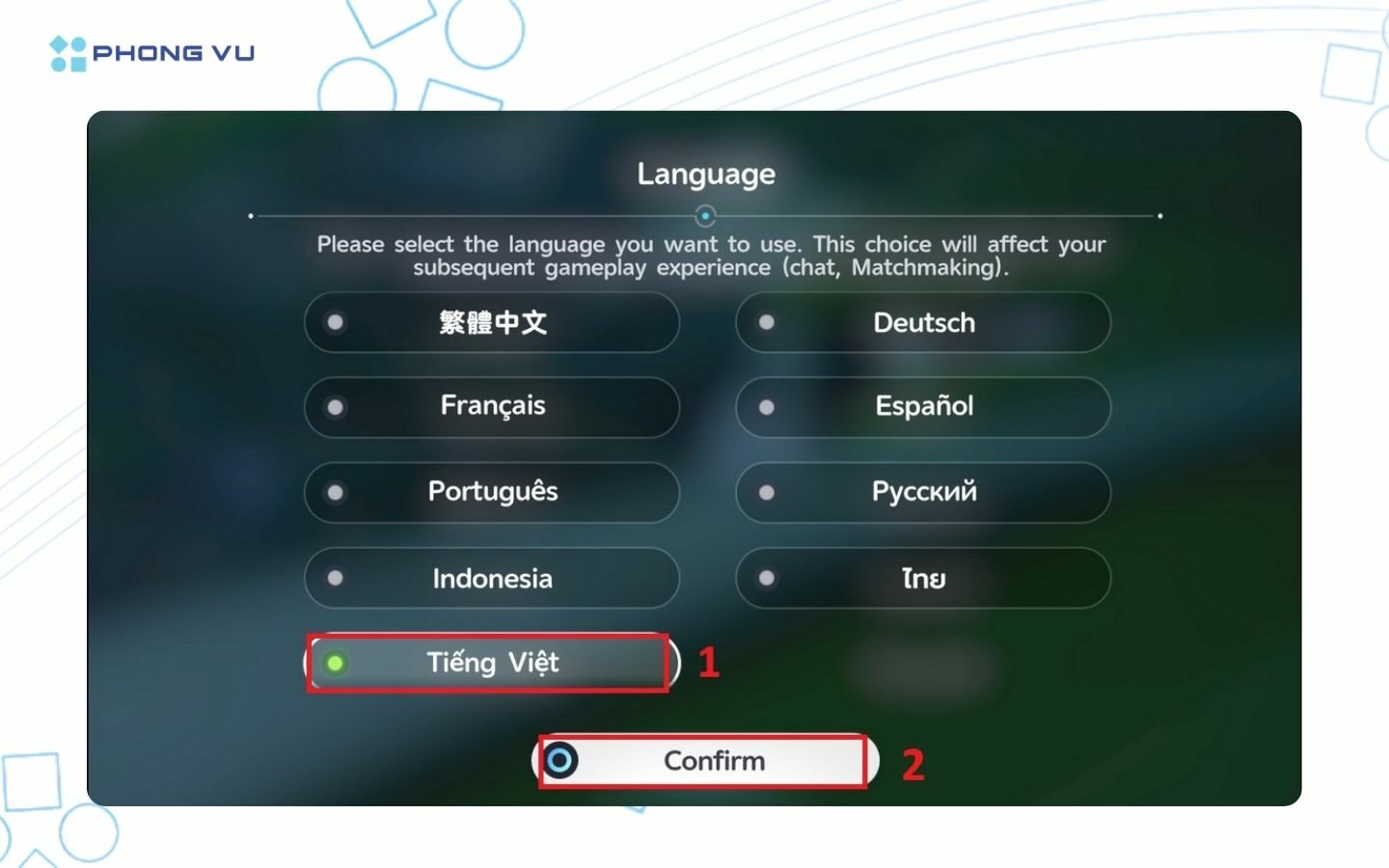 Aniimo: Hướng dẫn tải và chơi game chi tiết cho người mới 9 Bấm chọn Tiếng Việt làm ngôn ngữ hiển thị trong game
