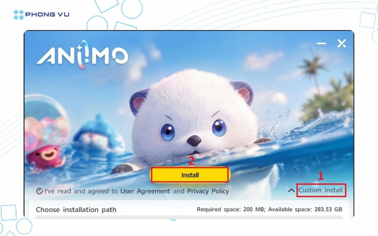 Aniimo: Hướng dẫn tải và chơi game chi tiết cho người mới 5 Chọn Custom Install sau đó tiếp tục bấm chọn mục Install