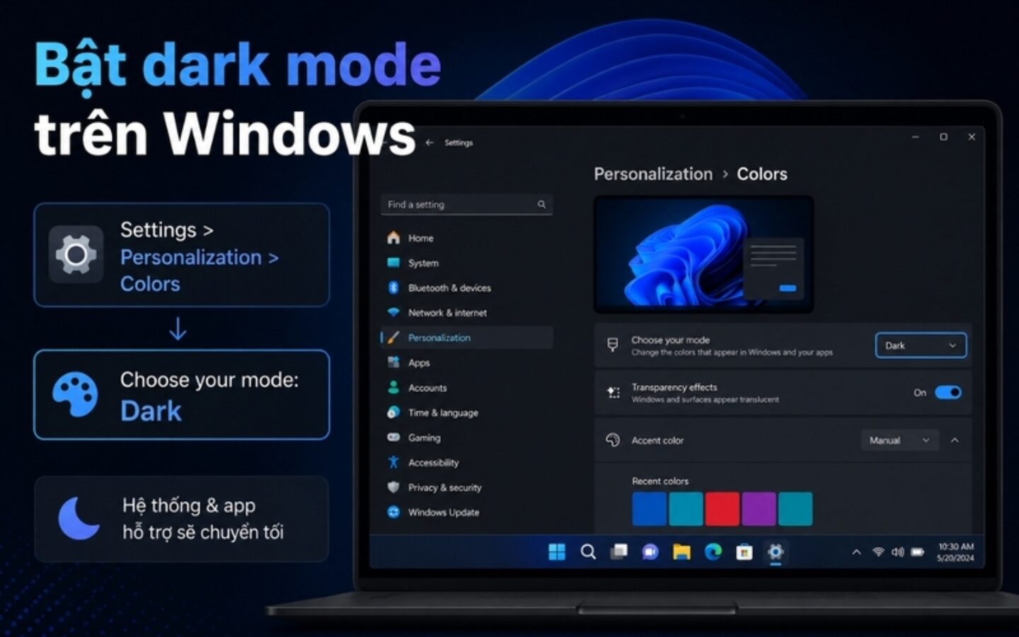 Cách bật tính năng Dark Mode trên Windows 11 (Nguồn: Internet)