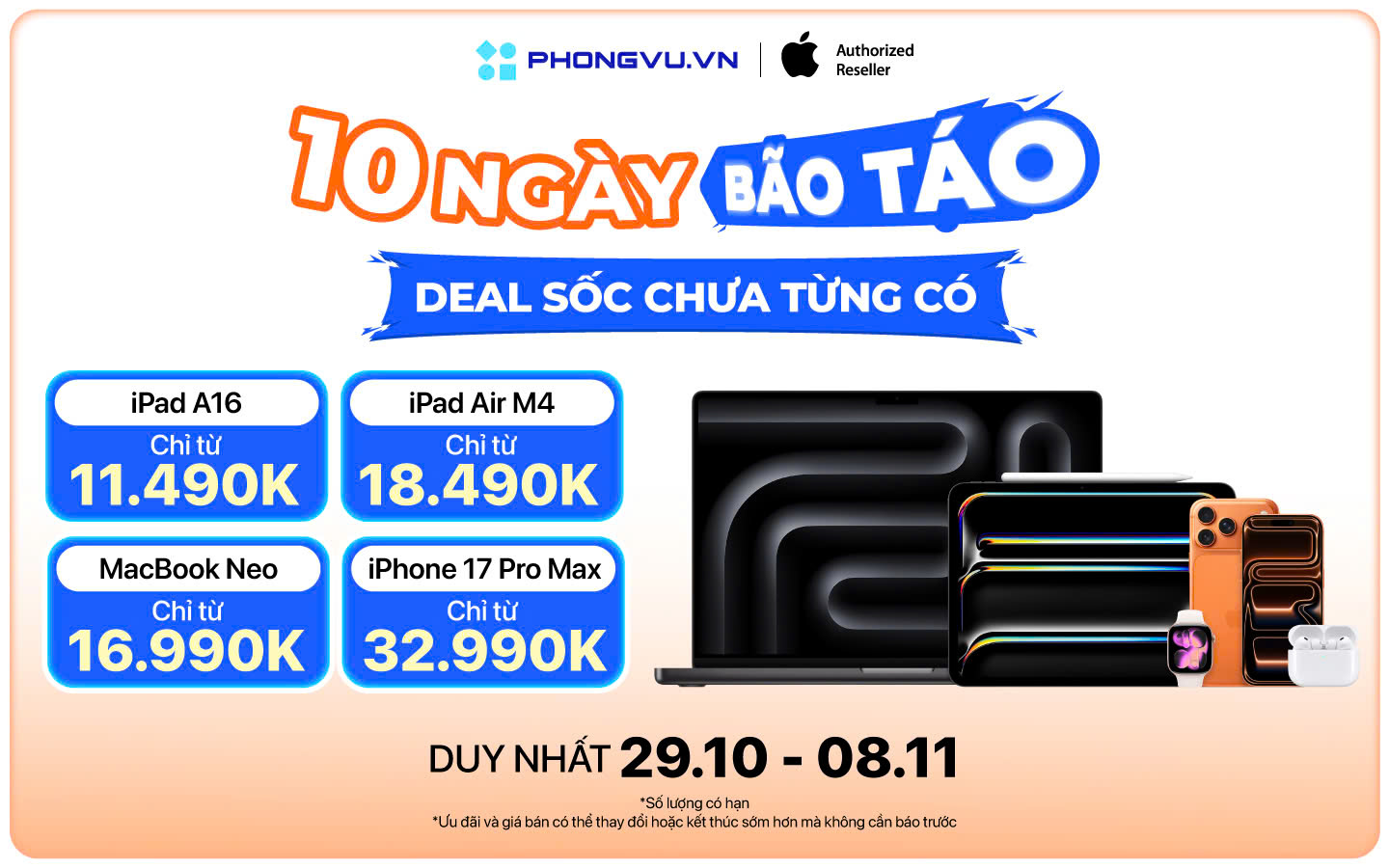 Apple Week: 10 ngày Bão Táo - Deal sốc chưa từng có 1 Apple Week: 10 ngày Bão Táo chính thức bùng nổ ưu đãi từ ngày 29/10 - 08/11/2026 trên toàn hệ thống Phong Vũ
