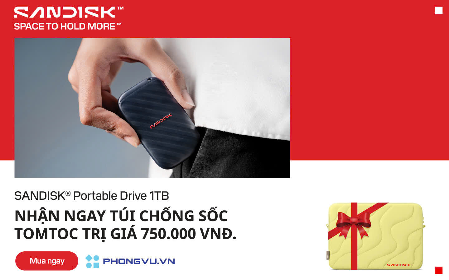 Sắm SanDisk Portable Drive 1TB Tại Phong Vũ - Nhận ngay túi chống sốc Tomtoc 750K