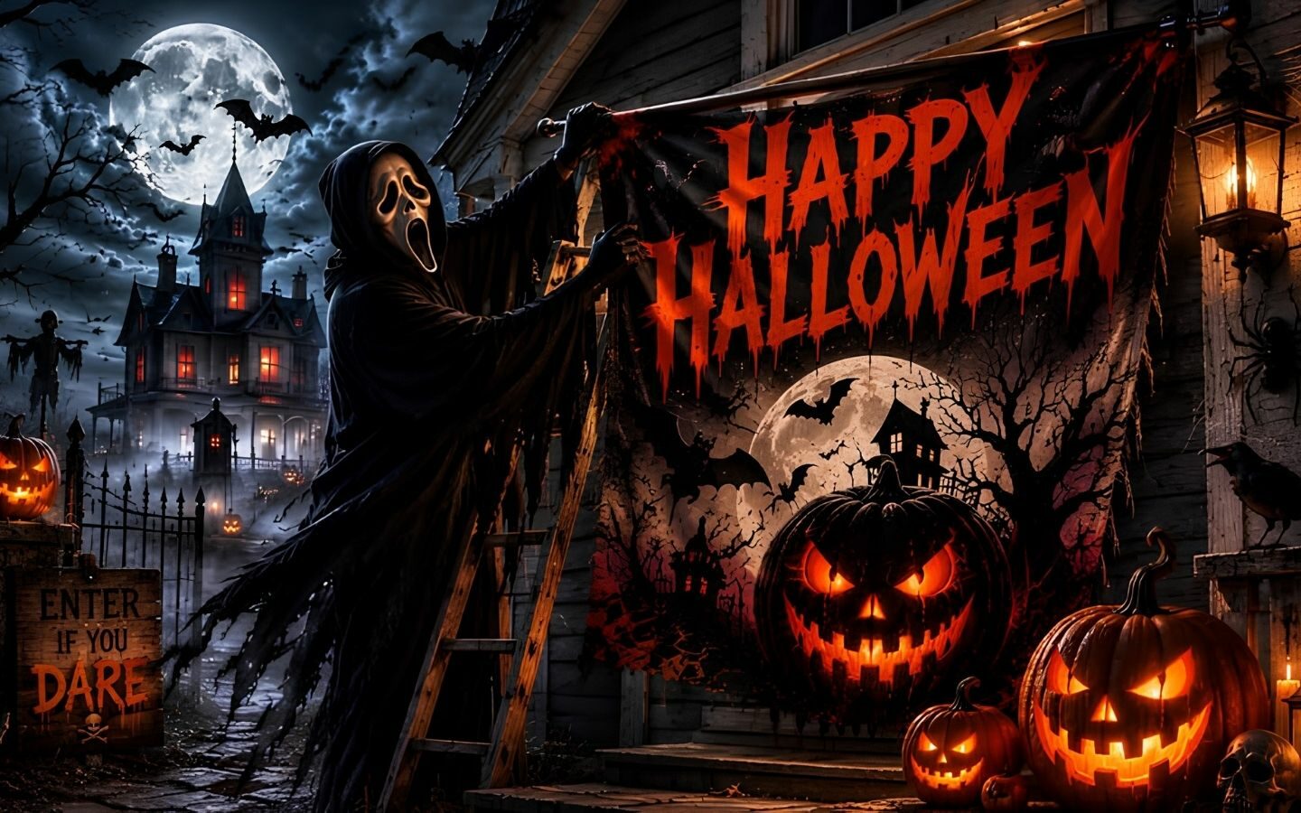 100+ Hình nền Halloween đẹp, kinh dị cho điện thoại, máy tính 19 Khung cảnh kinh dị với bí ngô phát sáng trong đêm tối