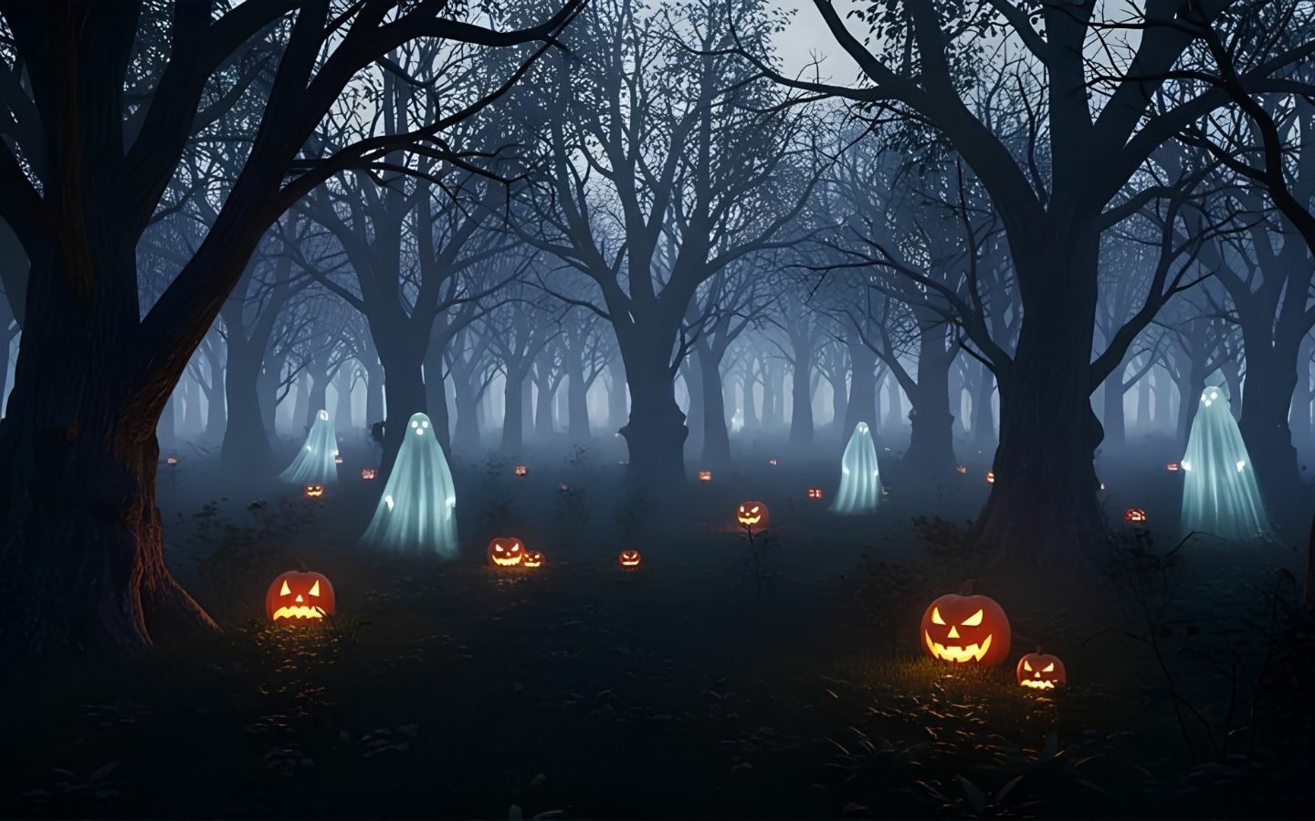 100+ Hình nền Halloween đẹp, kinh dị cho điện thoại, máy tính 28 Khu rừng ma quái với những thân cây khẳng khiu