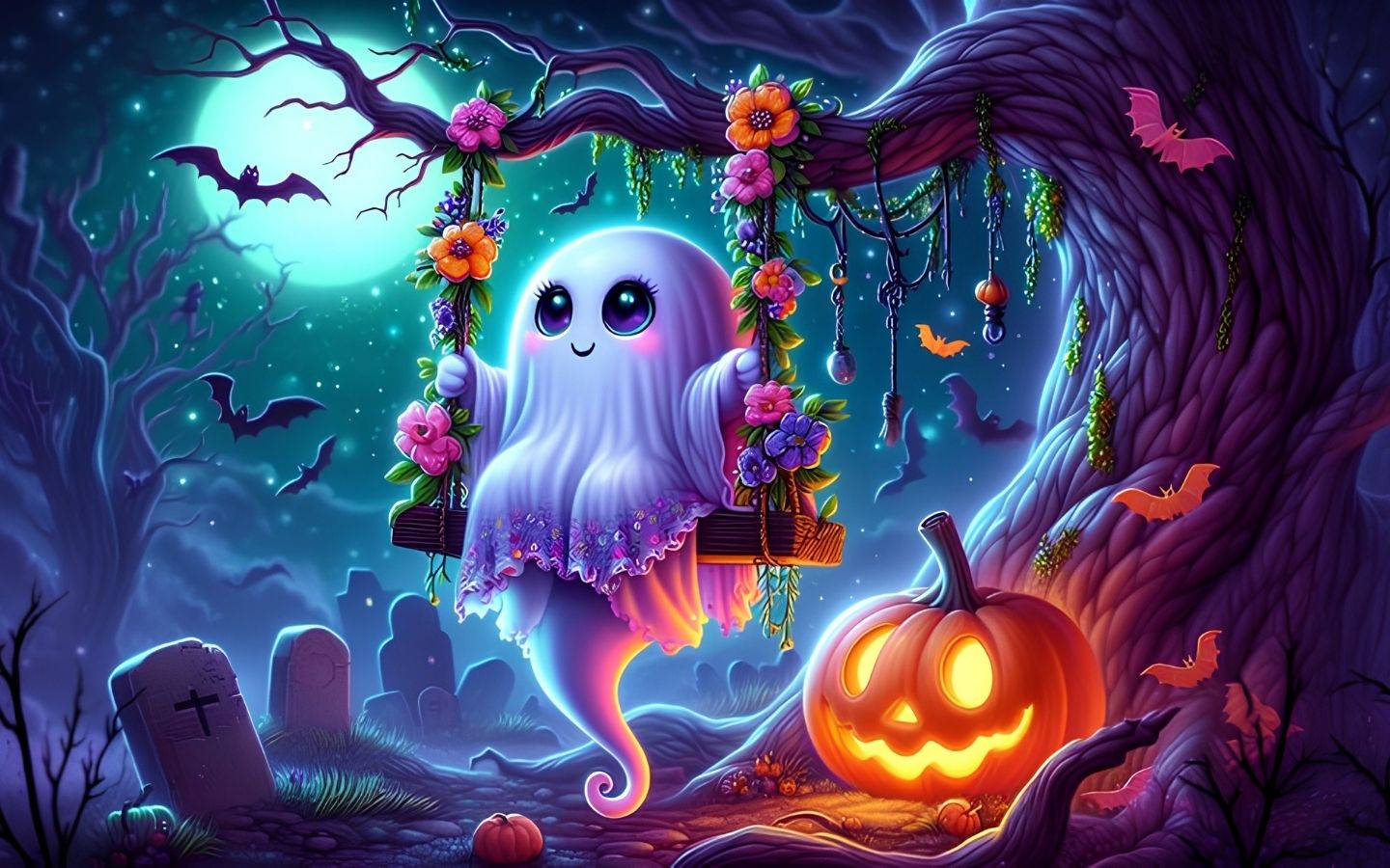 100+ Hình nền Halloween đẹp, kinh dị cho điện thoại, máy tính 2 Bóng ma nhỏ tạo dáng vui nhộn trên khung cảnh ma mị