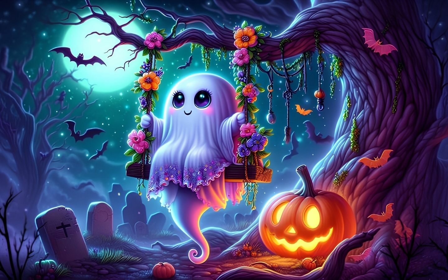 100+ Hình nền Halloween đẹp, kinh dị cho điện thoại, máy tính 2 Bóng ma nhỏ tạo dáng vui nhộn trên khung cảnh ma mị