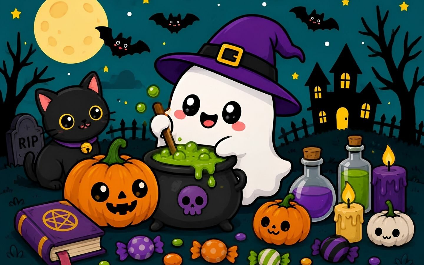 100+ Hình nền Halloween đẹp, kinh dị cho điện thoại, máy tính 3 Hình nền Halloween cute với mèo đen và bí ngô