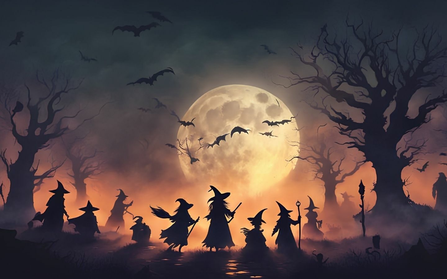 100+ Hình nền Halloween đẹp, kinh dị cho điện thoại, máy tính 41 Phù thủy cưỡi chổi bay qua mặt trăng trong đêm Halloween