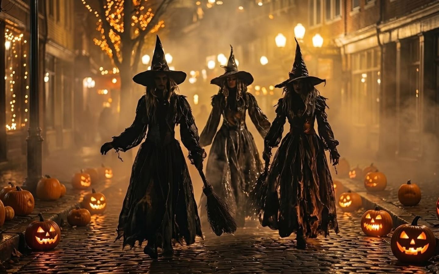 100+ Hình nền Halloween đẹp, kinh dị cho điện thoại, máy tính 43 Phù thủy ma ám đi giữa đường phố Halloween