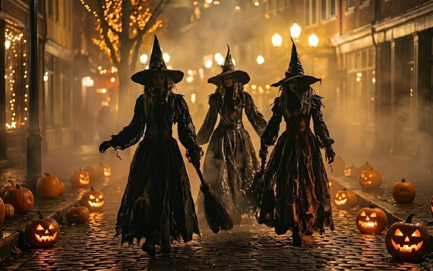 100+ Hình nền Halloween đẹp, kinh dị cho điện thoại, máy tính 43 Phù thủy ma ám đi giữa đường phố Halloween