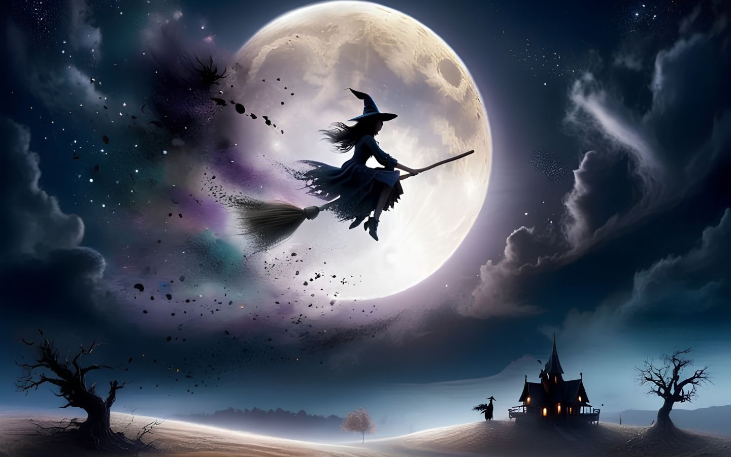 100+ Hình nền Halloween đẹp, kinh dị cho điện thoại, máy tính 45 Phù thủy bay qua mặt trăng trong đêm ma quái