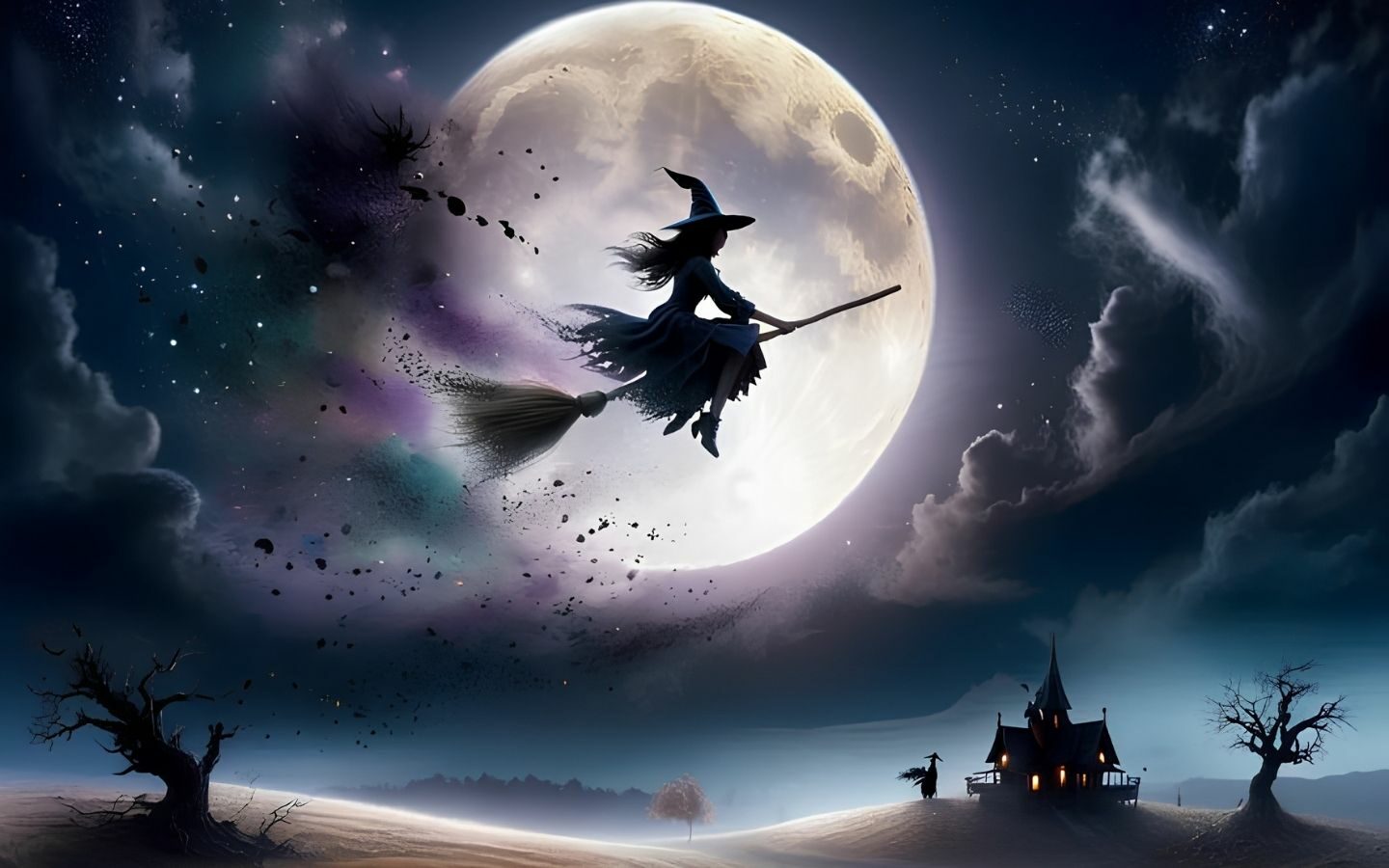100+ Hình nền Halloween đẹp, kinh dị cho điện thoại, máy tính 45 Phù thủy bay qua mặt trăng trong đêm ma quái