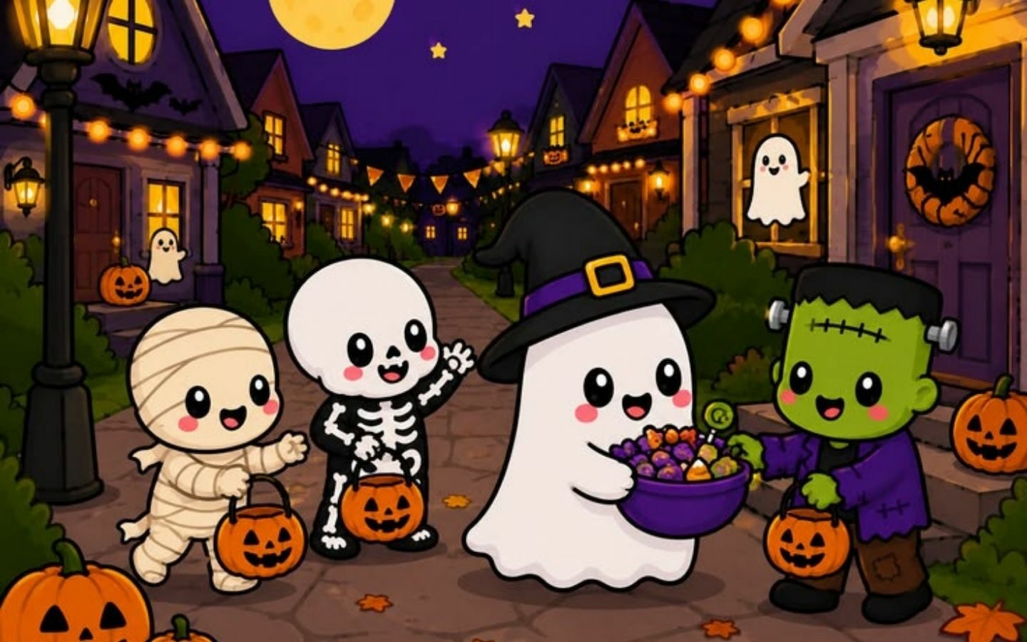100+ Hình nền Halloween đẹp, kinh dị cho điện thoại, máy tính 4 Những nhân vật Halloween chibi ngộ nghĩnh trên màn hình máy tính