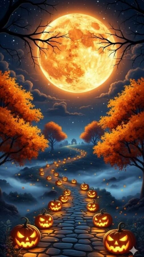 100+ Hình nền Halloween đẹp, kinh dị cho điện thoại, máy tính 52 Hình nền Halloween iPhone với con đường bí ngô dưới ánh trăng