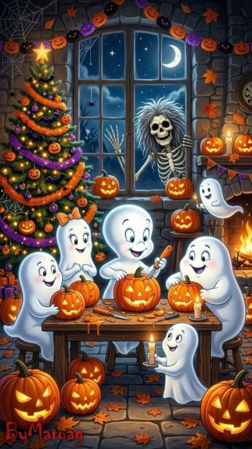 100+ Hình nền Halloween đẹp, kinh dị cho điện thoại, máy tính 82 Nhân vật chibi vui nhộn bên những quả bí ngô