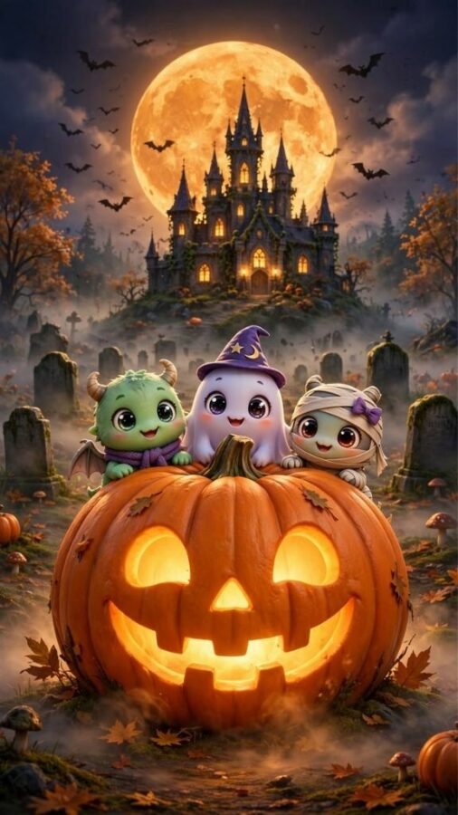 100+ Hình nền Halloween đẹp, kinh dị cho điện thoại, máy tính 77 Bóng ma chibi đội mũ phù thủy bên bí ngô phát sáng