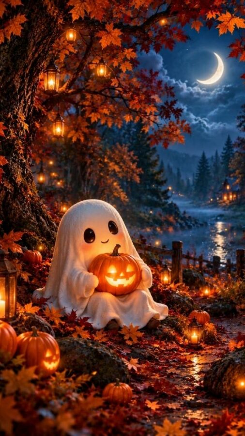 100+ Hình nền Halloween đẹp, kinh dị cho điện thoại, máy tính 79 Phong cách chibi huyền ảo với ánh trăng lấp lánh